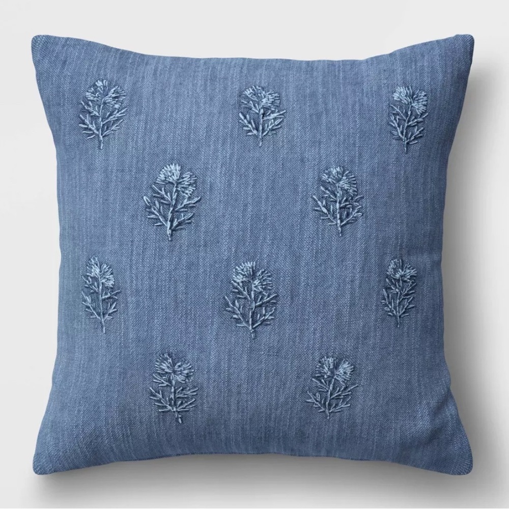 Blue Embroidered Throw Pillow